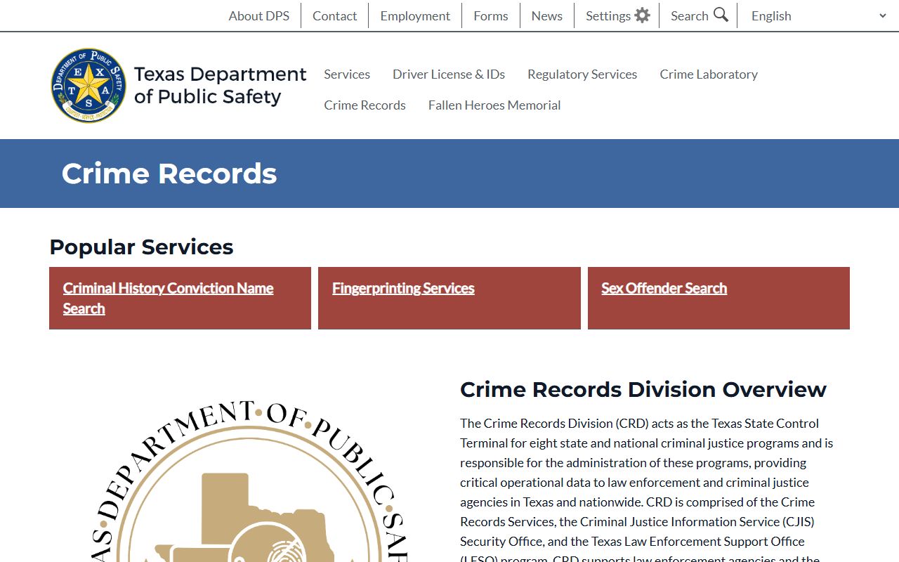 Texas DPS Crime Records Division portal for 72 hour booking records
