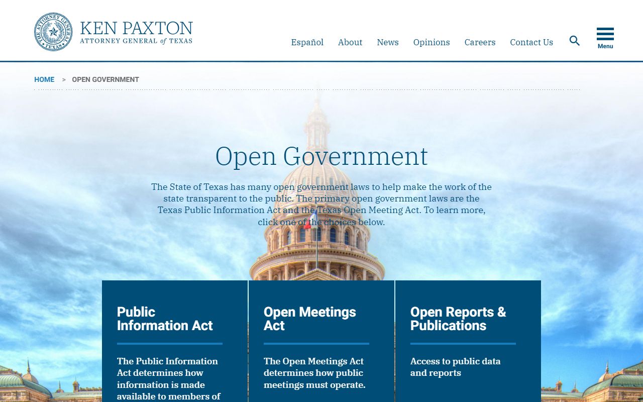 Texas Attorney General Open Government page for booking records access